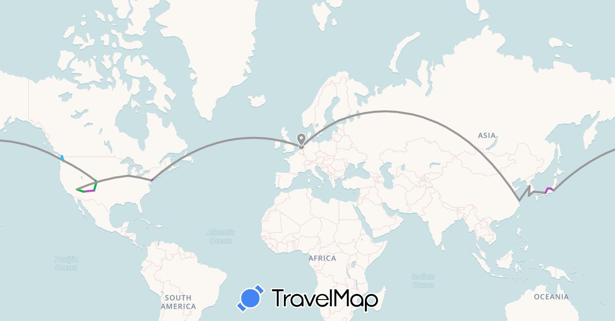 TravelMap itinerary: driving, bus, plane, train, boat in Canada, China, Finland, Japan, South Korea, Netherlands, United States (Asia, Europe, North America)