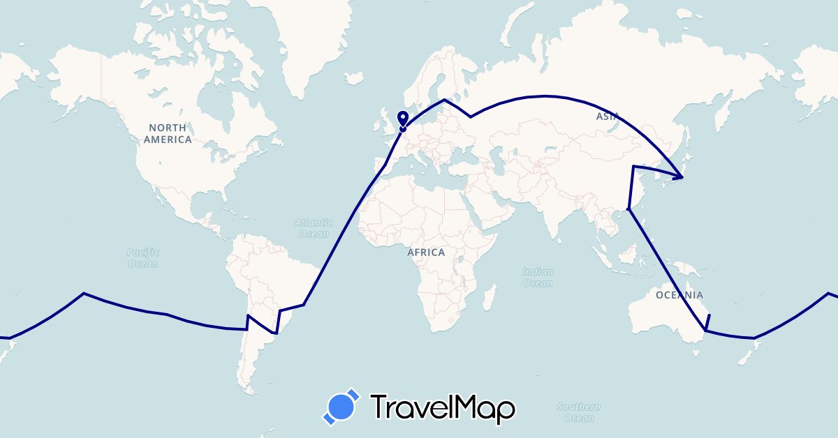 TravelMap itinerary: driving in Argentina, Australia, Brazil, Chile, China, Spain, Finland, France, Japan, Netherlands, New Zealand, Russia, Uruguay (Asia, Europe, Oceania, South America)